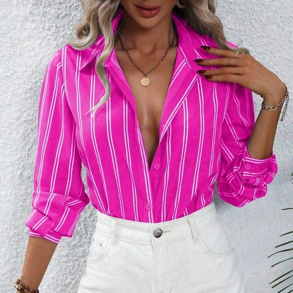 Hot Pink Casual Women's Striped Long Sleeve Shirt - Picture 1 of 6